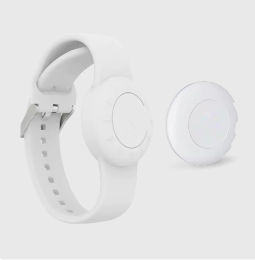 Botón DIAL montado en una pulsera, junto a un botón suelto